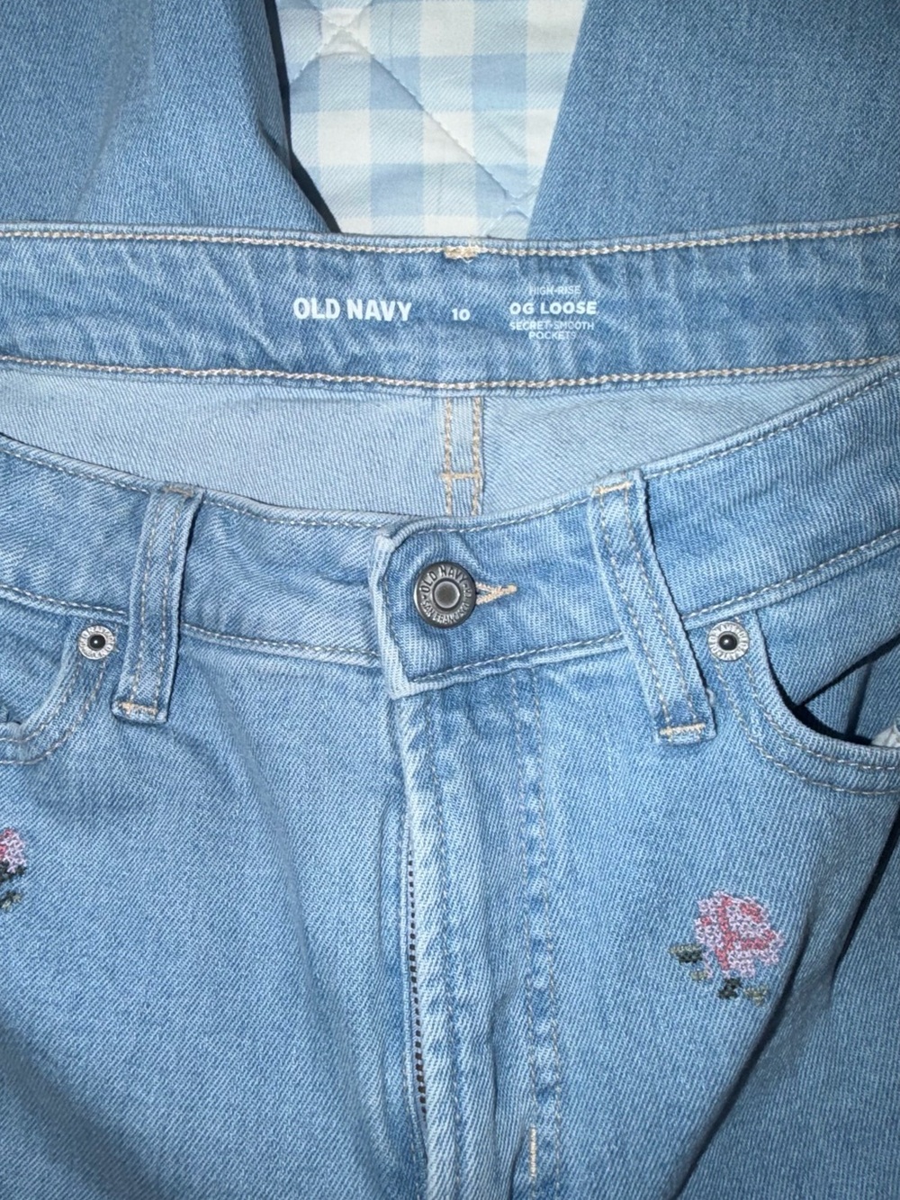 Old Navy Light Blue High-Rise Jeans with Pink Floral Embroidery